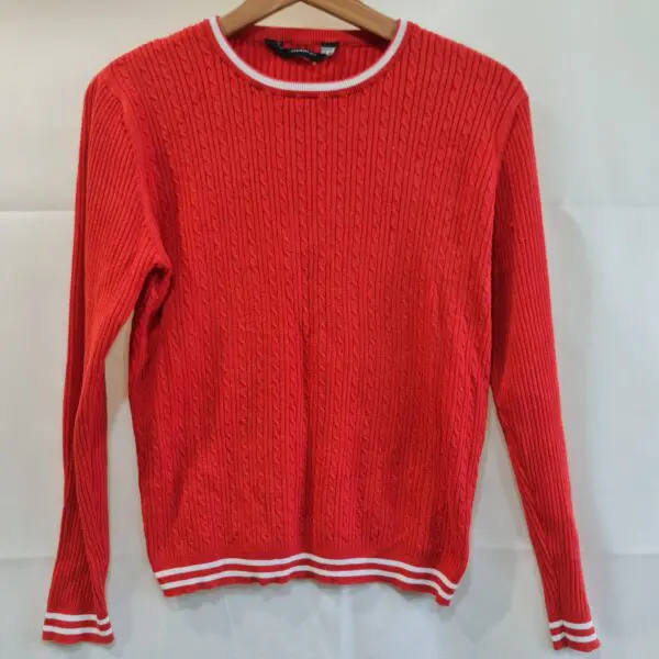 Womens Red Cable Knit Jumper UK 16 Contrast Stripe Trim