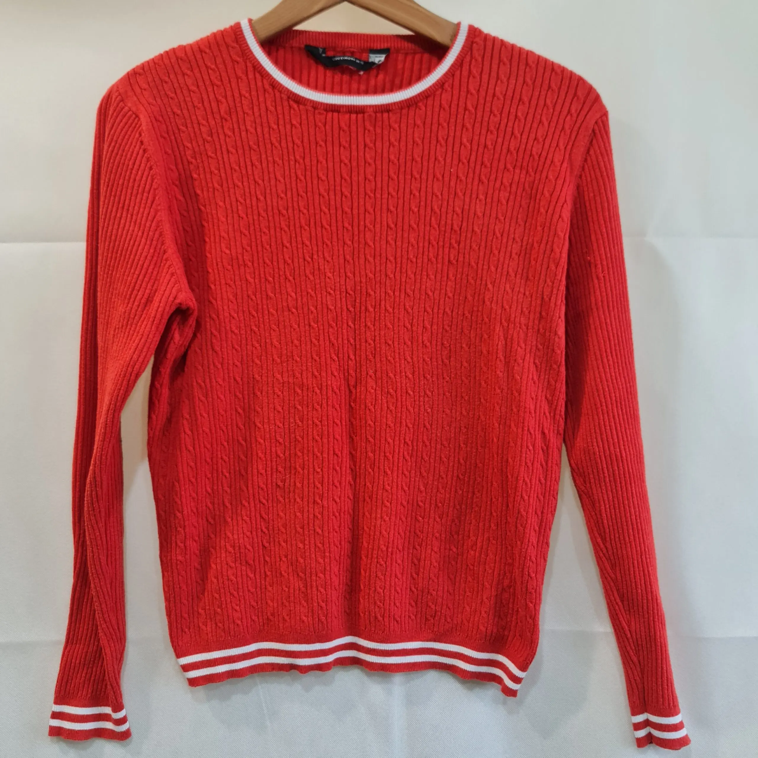 Womens Red Cable Knit Jumper UK 16 Contrast Stripe Trim
