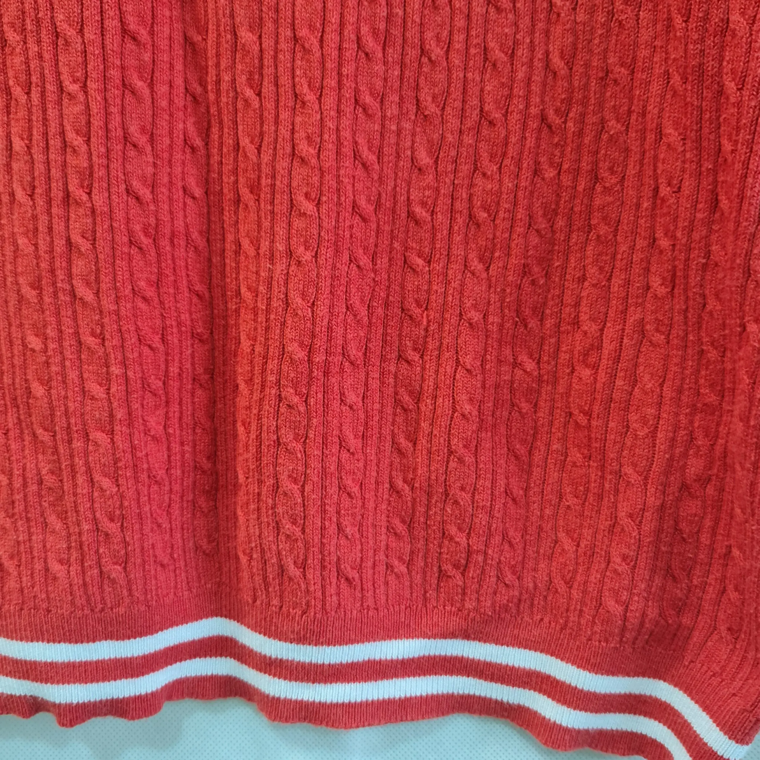 Womens Red Cable Knit Jumper UK 16 Contrast Stripe Trim - Image 2