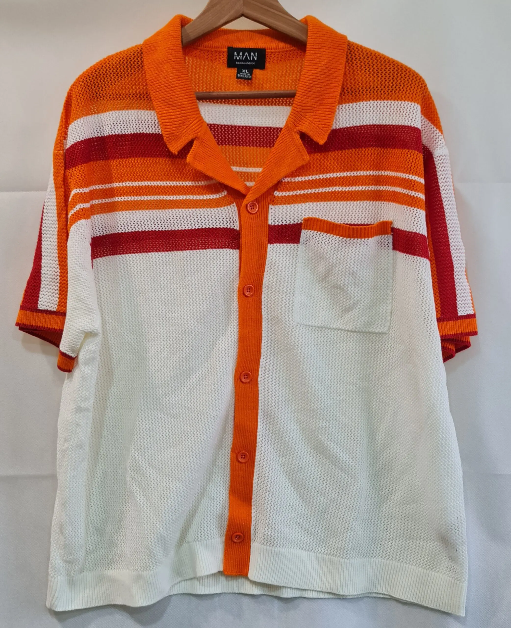 BoohooMAN Mens Orange White Stripe Knit Shirt XL