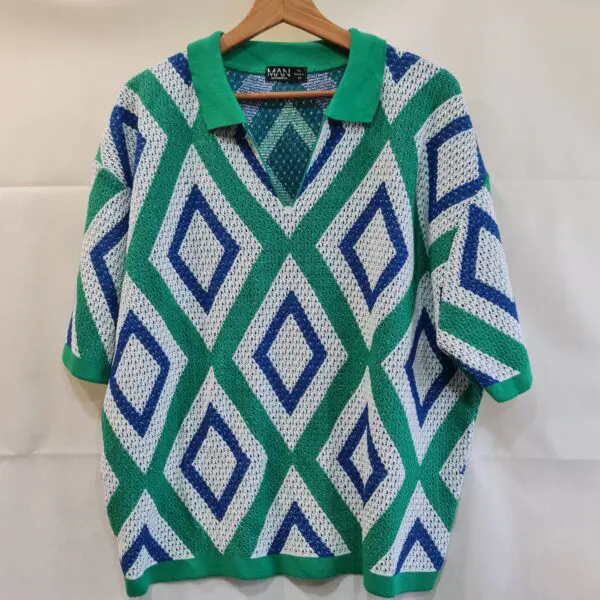 BoohooMAN Mens Green Blue Geometric Knit Polo Shirt XL