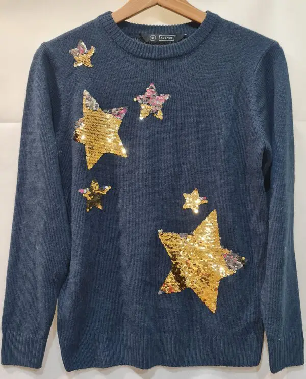 Avenue Womens Navy Gold Sequin Star Jumper S UK 8-10