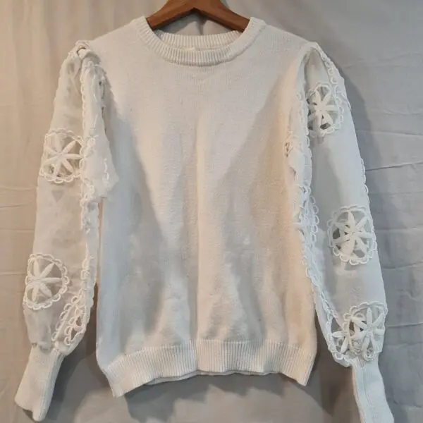 White Icy Womens White Lace Sleeve Jumper S UK 8-10