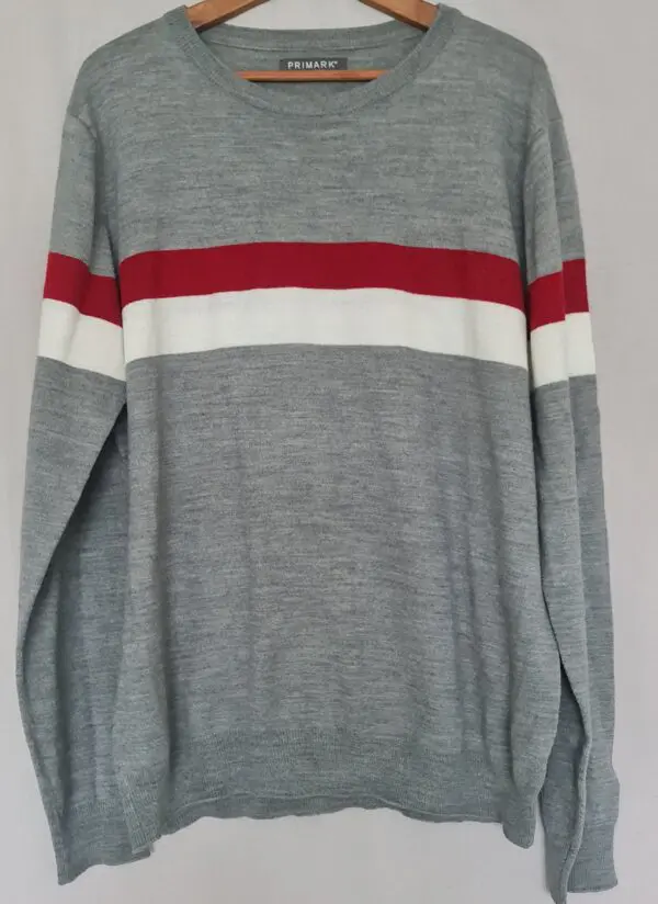 Primark Mens Grey Red White Stripe Crew Neck Jumper XXL