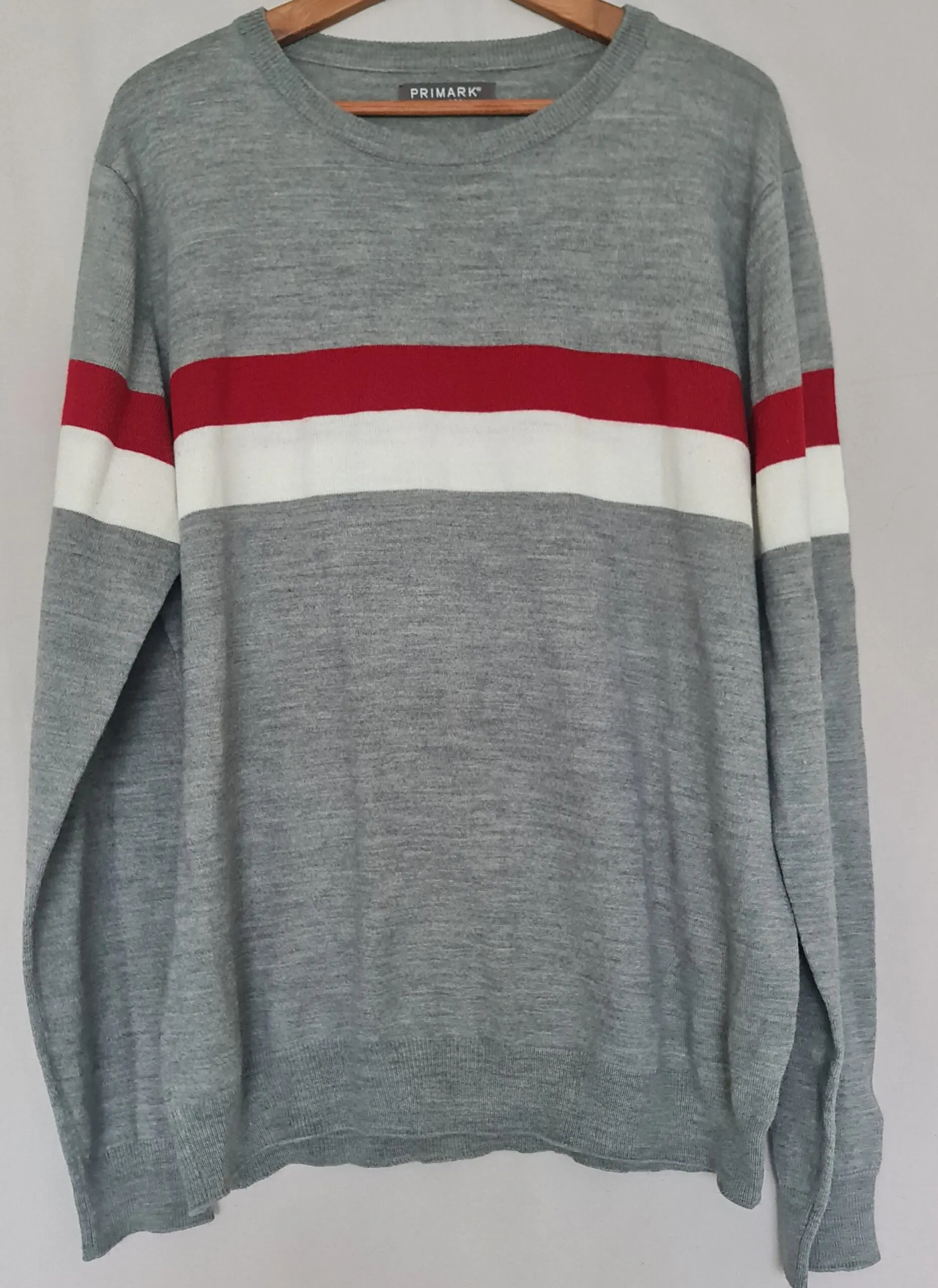 Primark Mens Grey Red White Stripe Crew Neck Jumper XXL