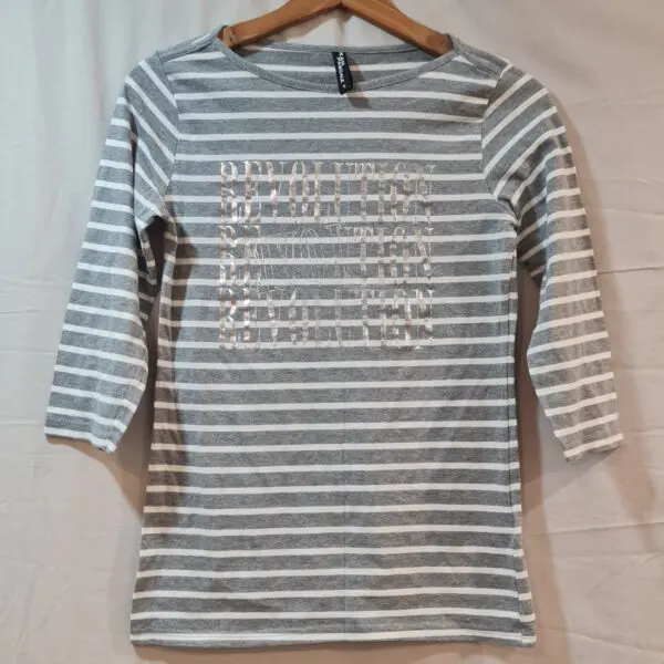 Jean Pascale Womens Grey White Stripe Long Sleeve Top S UK 8-10