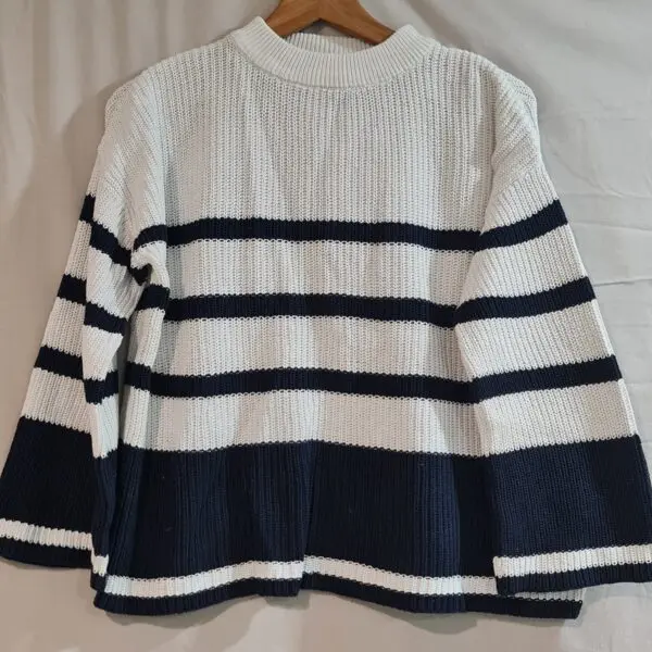 George Womens White Navy Stripe Cotton Knit Jumper S UK 8-10