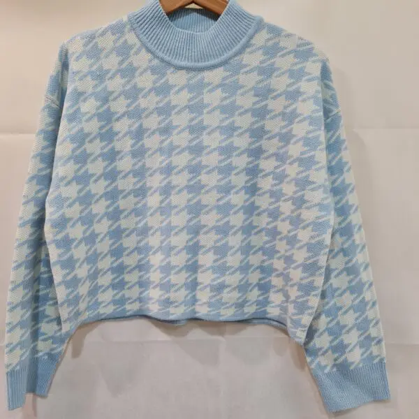 H&M Light Blue White Houndstooth Knit Jumper M UK 12-14