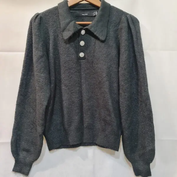 Vero Moda Womens Dark Grey Collared Puff Sleeve Knit Jumper M