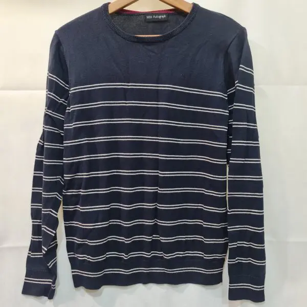 M&S Autograph Mens Navy Blue White Striped Cotton Jumper M