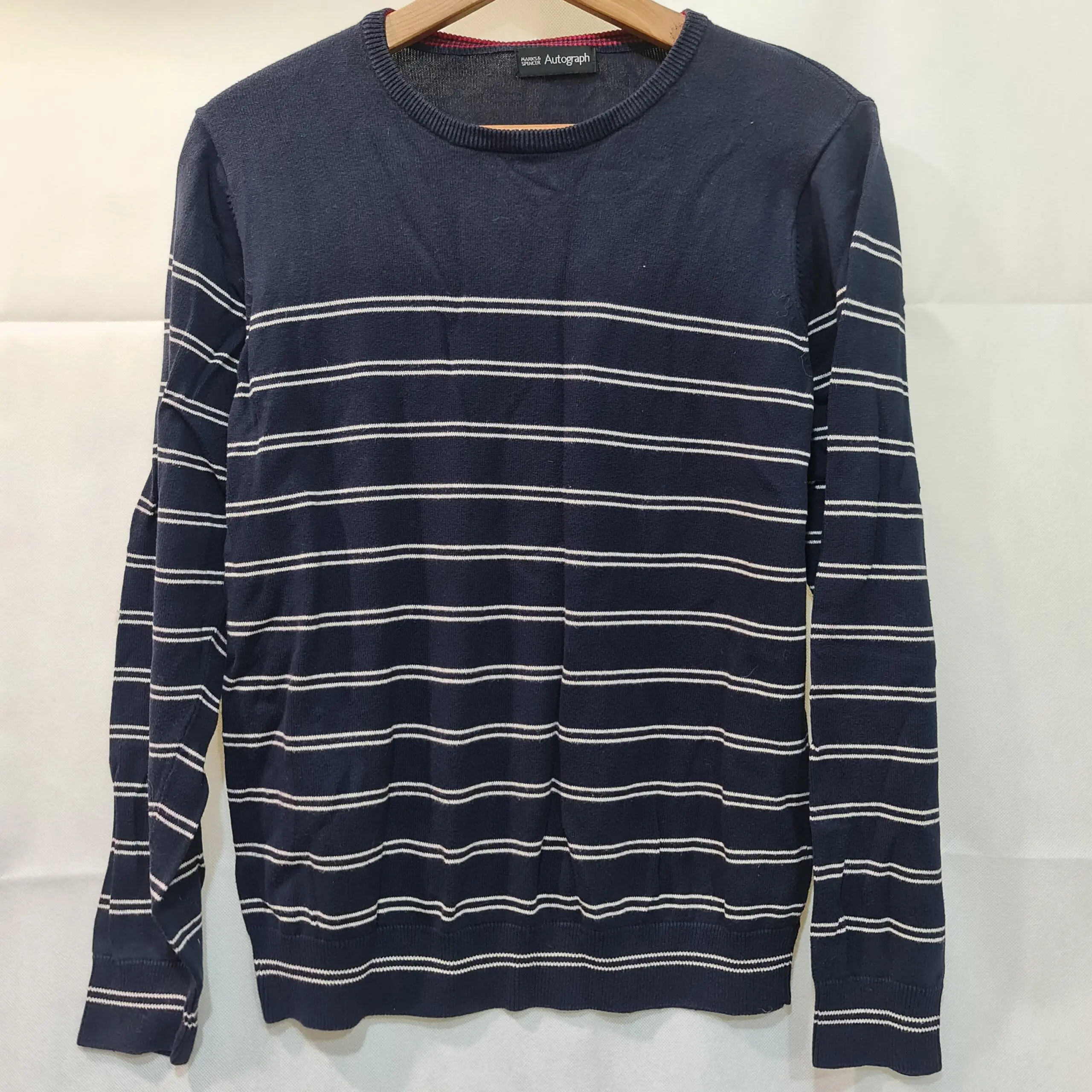 M&S Autograph Mens Navy Blue White Striped Cotton Jumper M