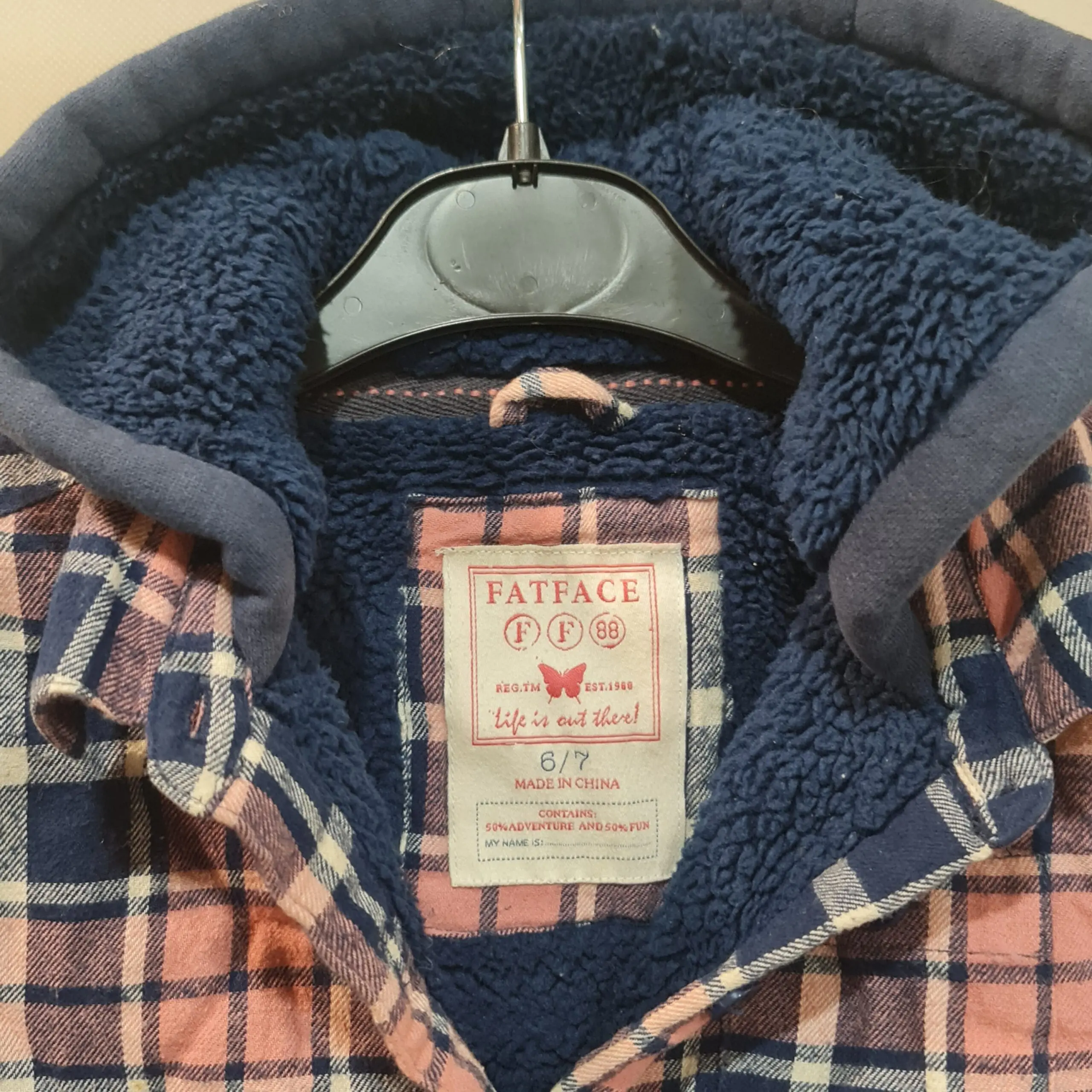 FatFace Boys Navy Pink Check Hooded Fleece Lined Jacket Age 6 - Image 3