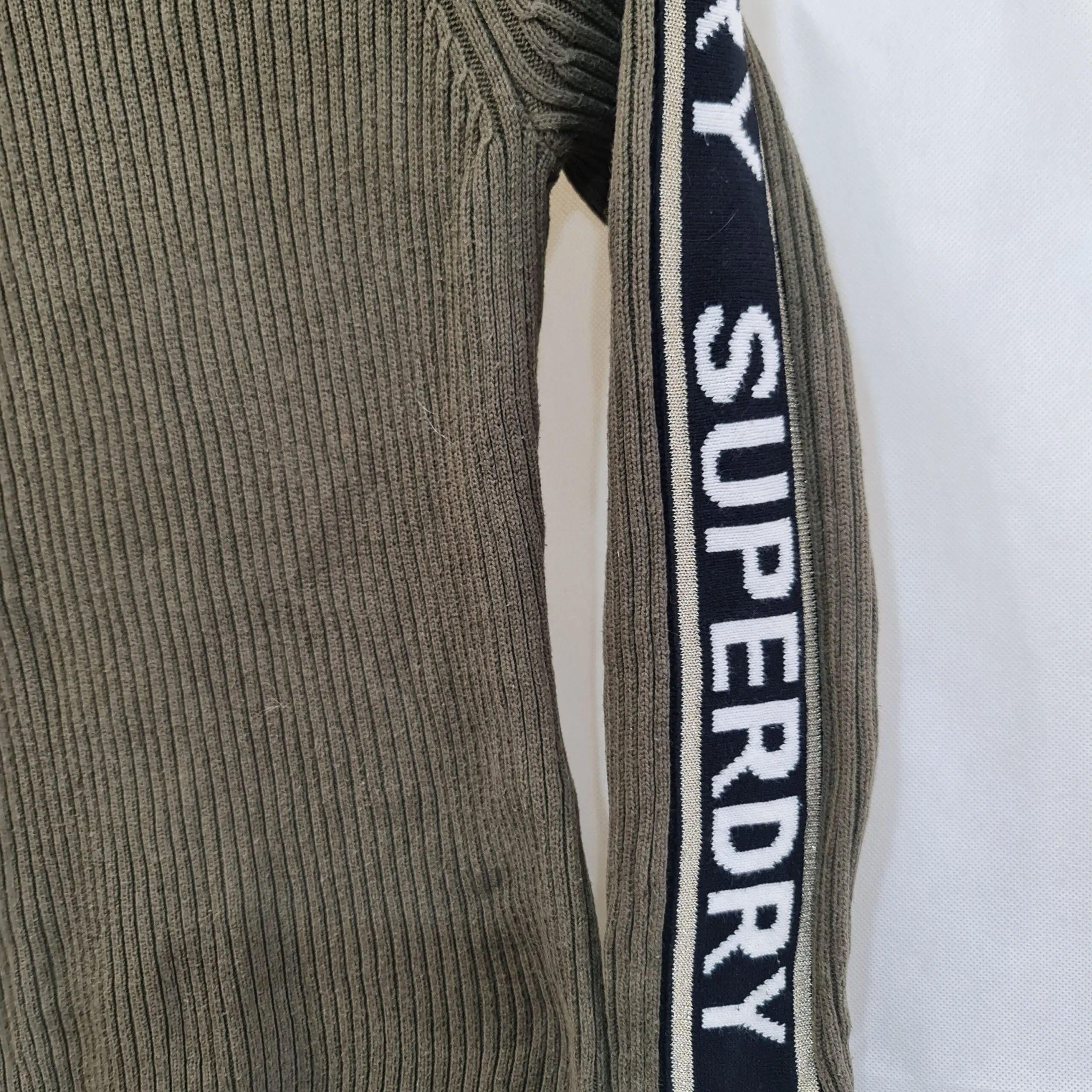Superdry Womens Khaki Ribbed Cotton Knit Jumper Logo Sleeve M - Image 2