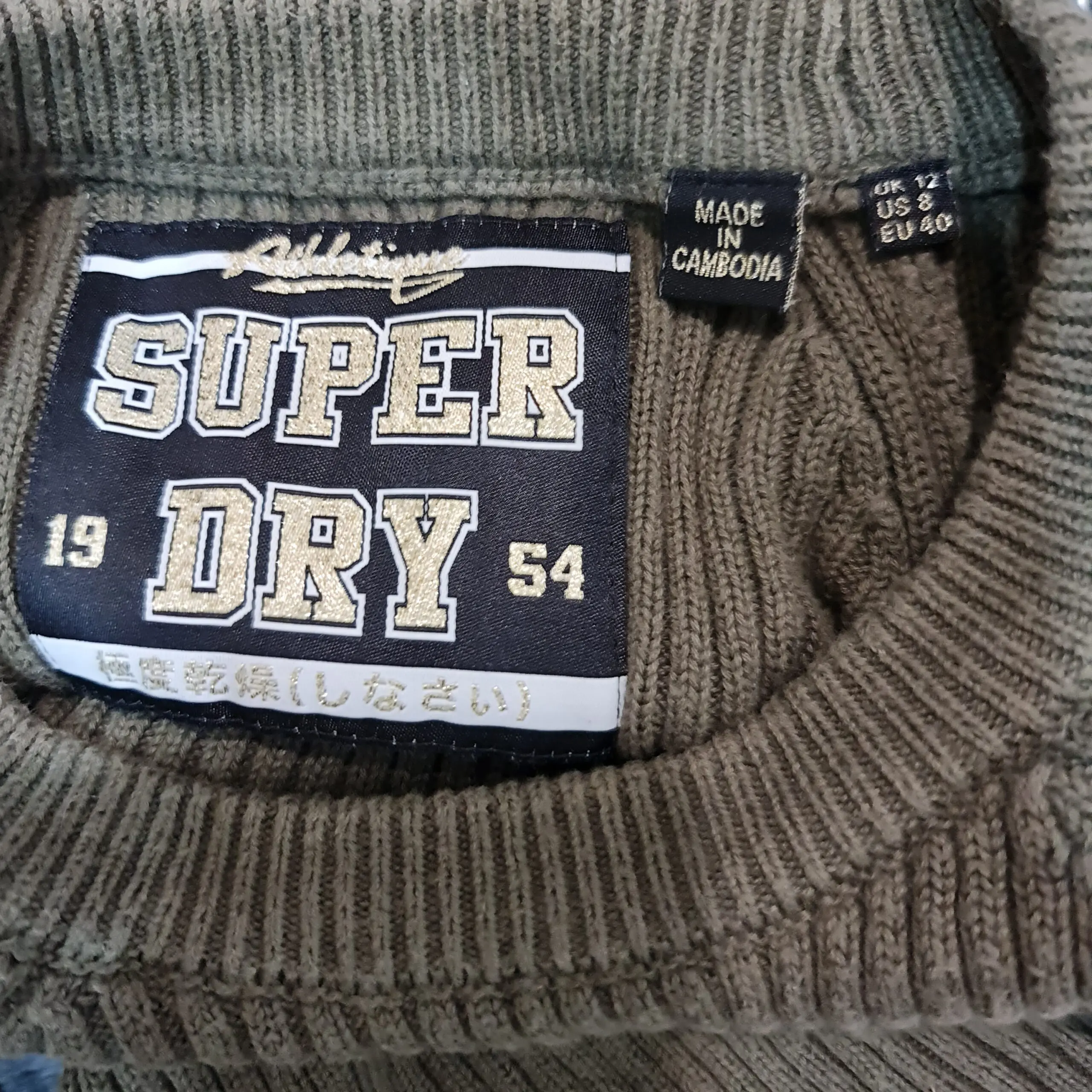 Superdry Womens Khaki Ribbed Cotton Knit Jumper Logo Sleeve M - Image 4