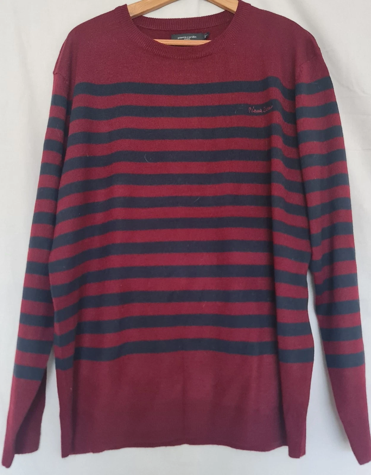 Pierre Cardin Paris Men’s Striped Crew Neck Jumper Burgundy XXL