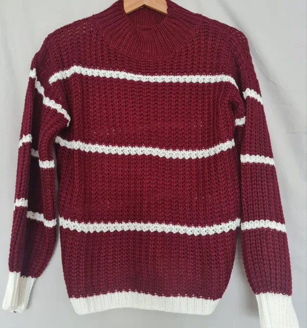 Shein Women’s Chunky Knit Striped Jumper Burgundy White UK 8-10