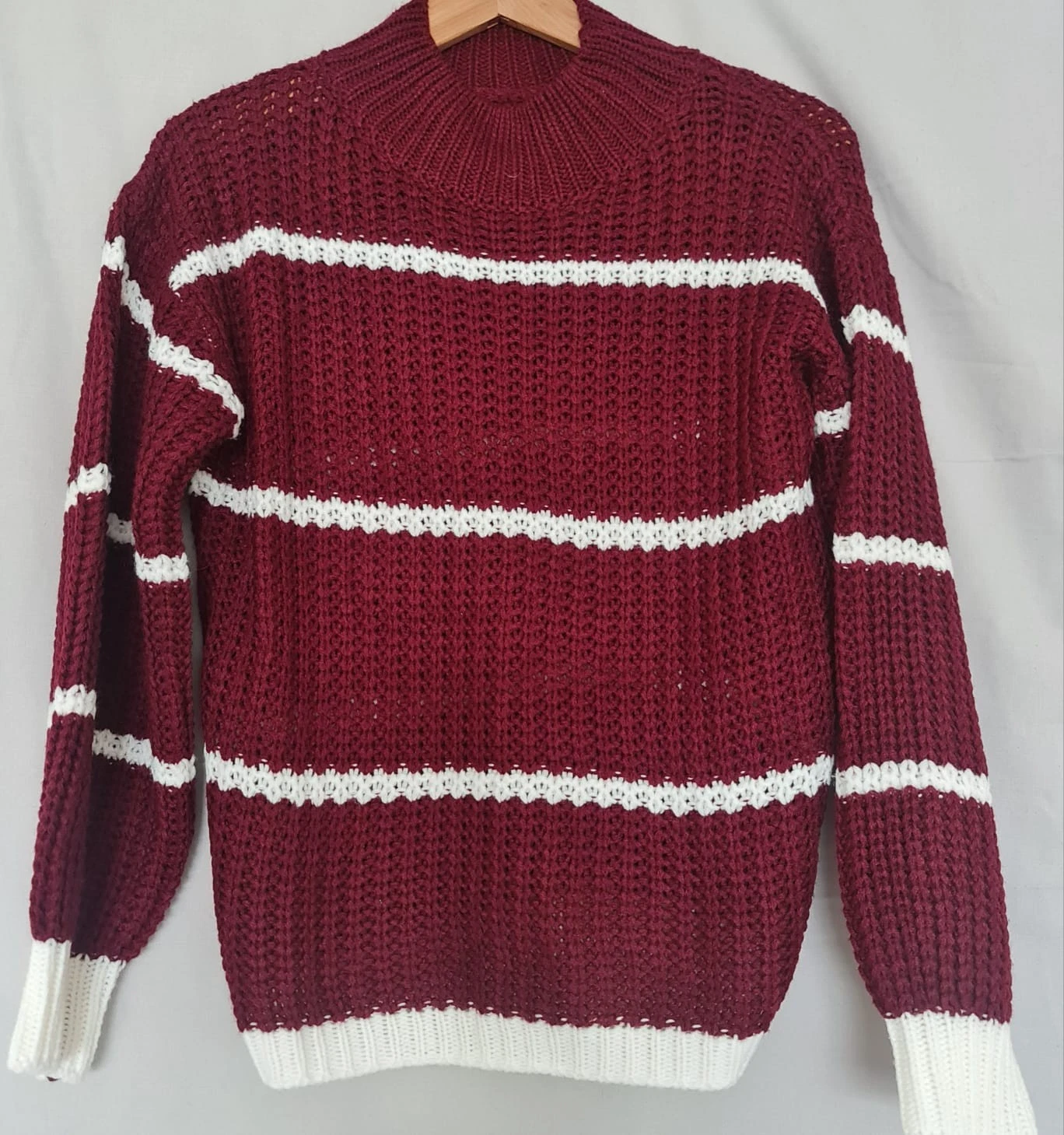 Shein Women’s Chunky Knit Striped Jumper Burgundy White UK 8-10
