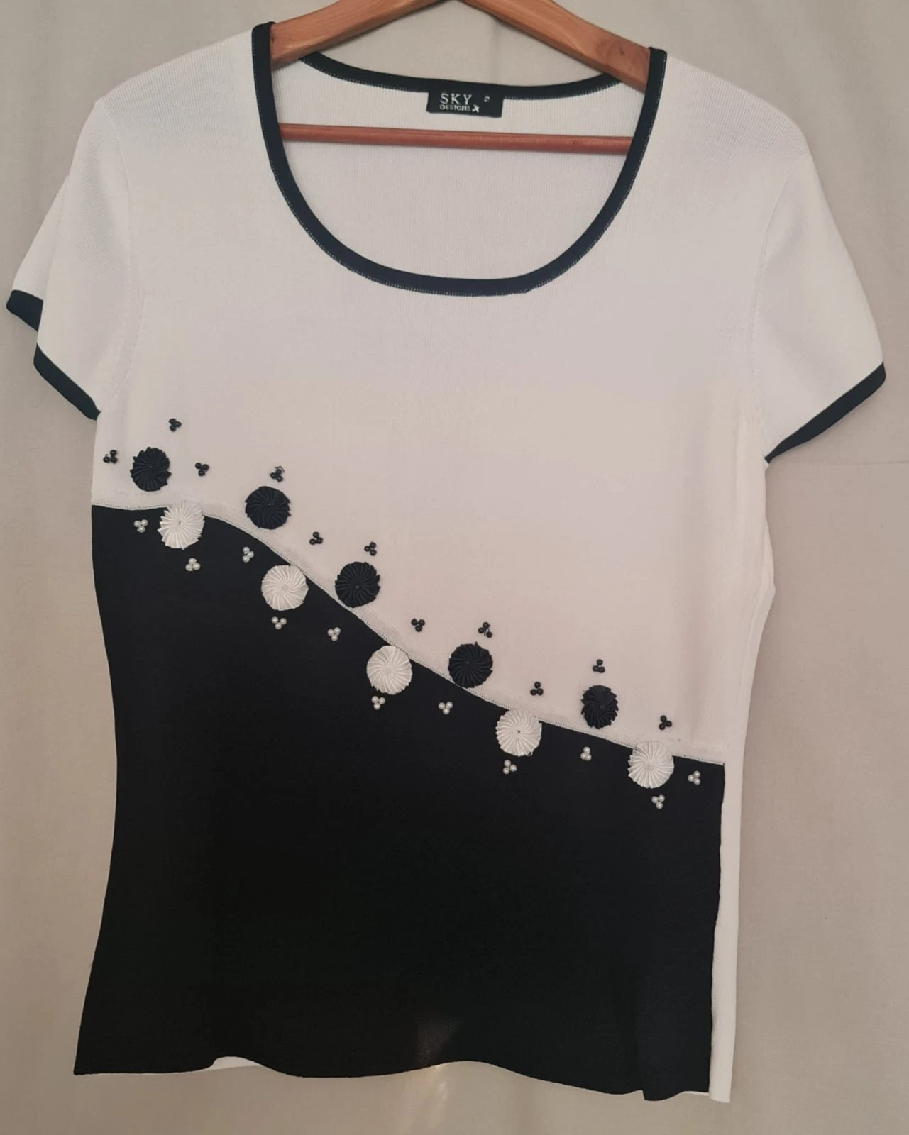 Sky Designs Women’s Black White Stretch Top M / UK 12-14
