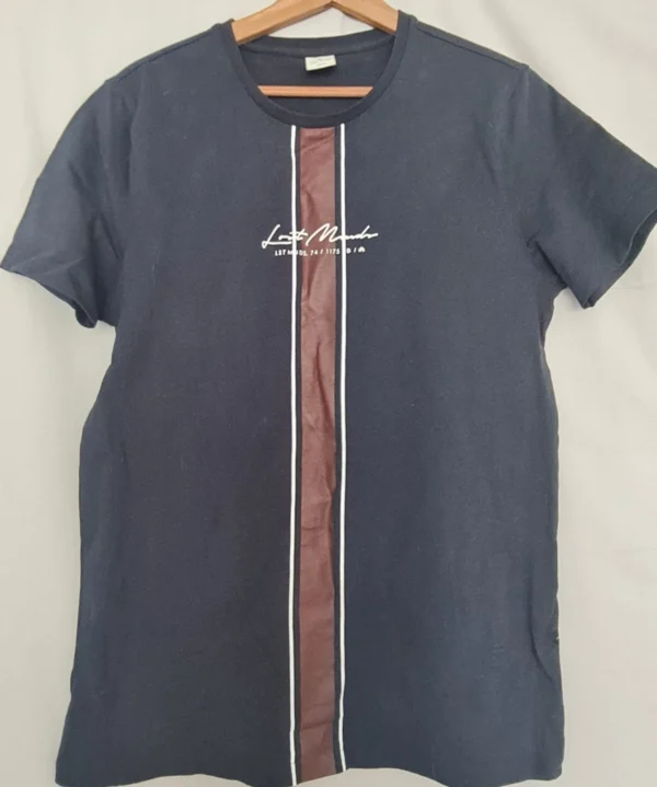 Lost Minds Men’s Vertical Stripe Graphic T-Shirt Navy Brown M