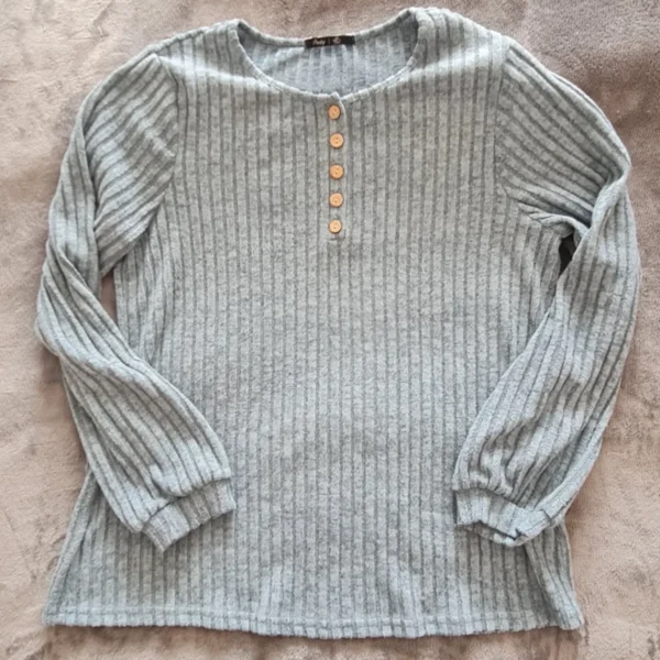Famulily Women’s Ribbed Jumper Grey Button Neck Knit UK 24-26
