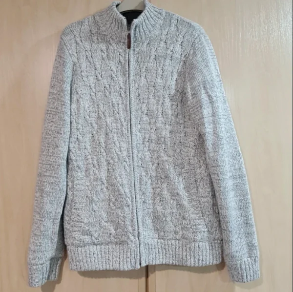 F&F Men’s Knitted Zip Cardigan Grey Cable Knit M