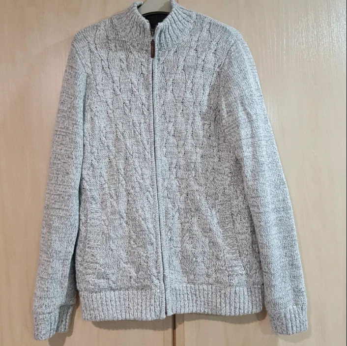 F&F Men’s Knitted Zip Cardigan Grey Cable Knit M