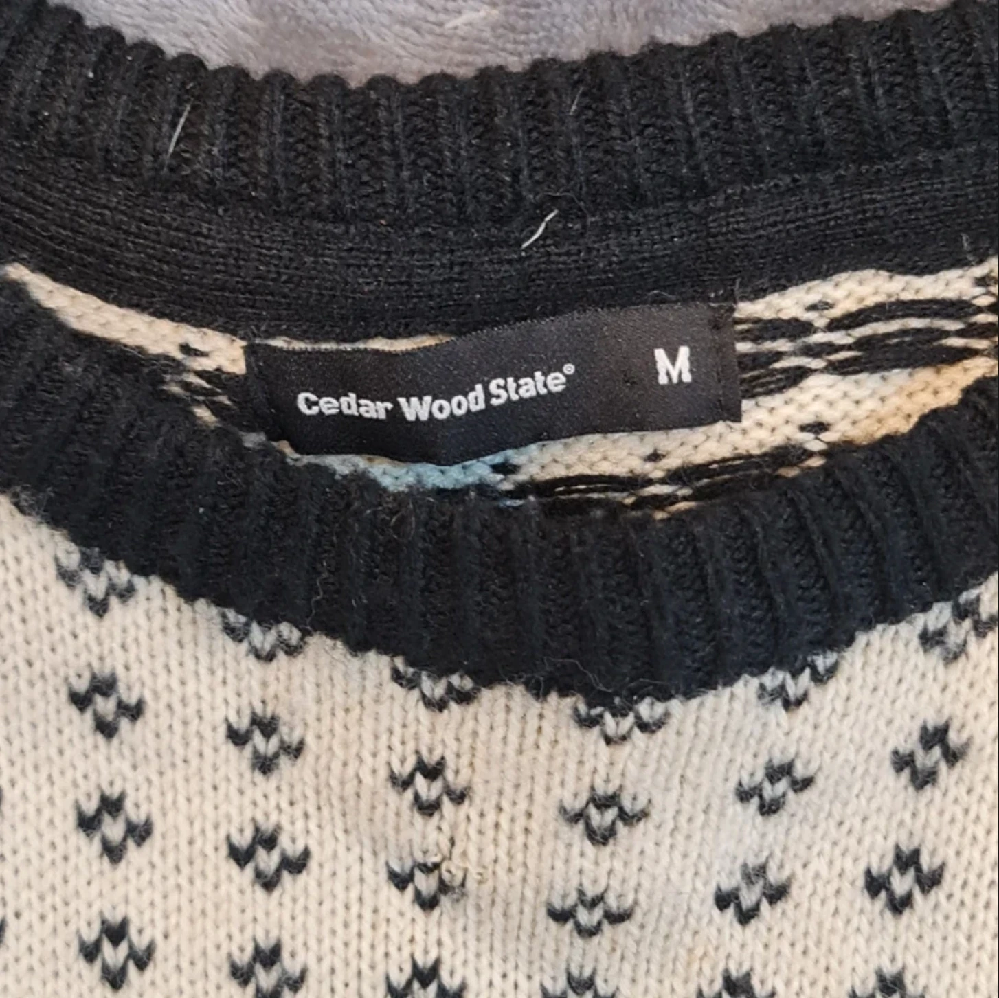 Cedar Wood State Men’s Nordic Pattern Jumper Black White Knit M - Image 2