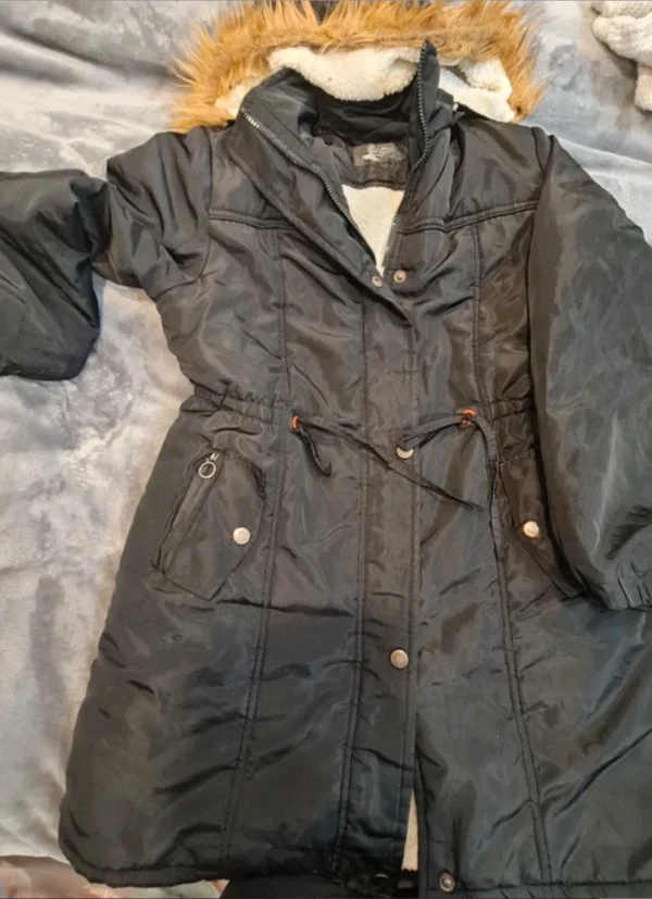 Megoa Women’s Black Padded Coat Faux Fur Hood Long UK 20-22