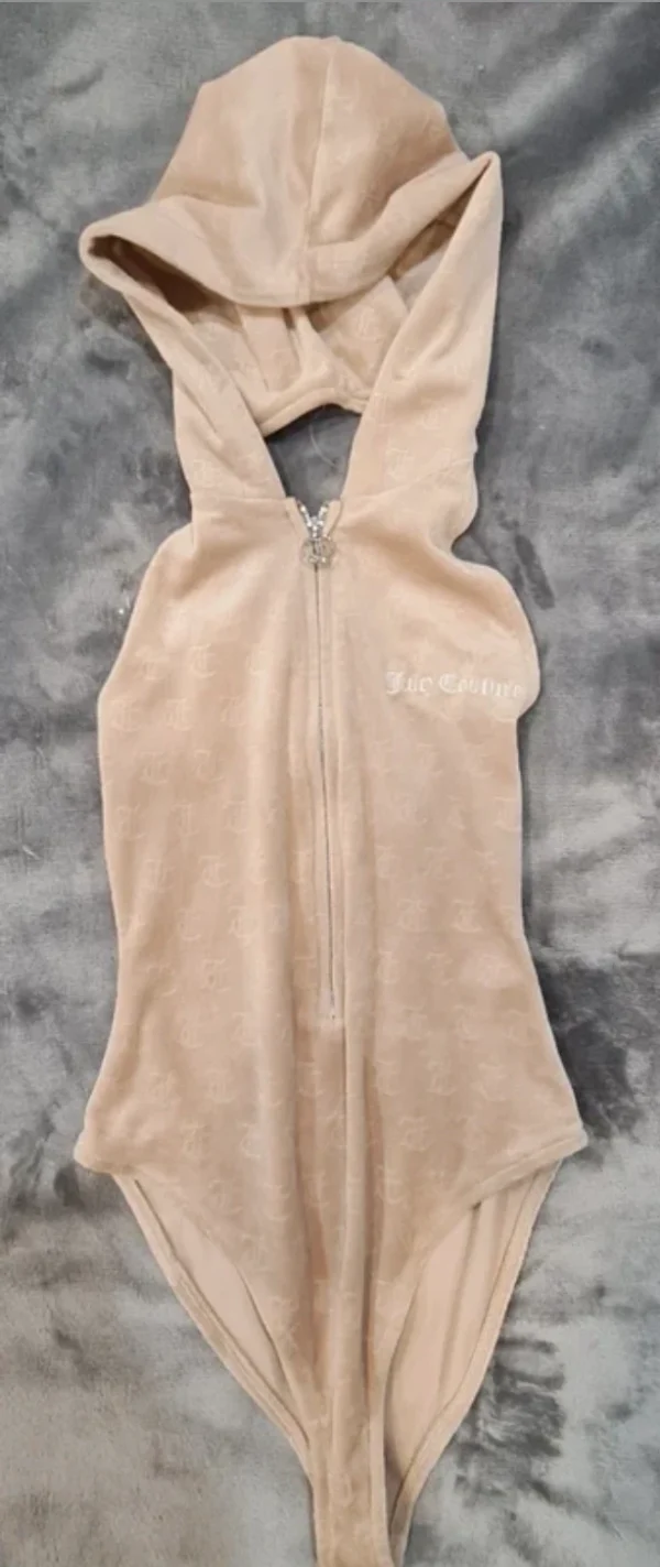 Juicy Couture Velour Hooded Bodysuit Beige Y2K Monogram Top UK 8