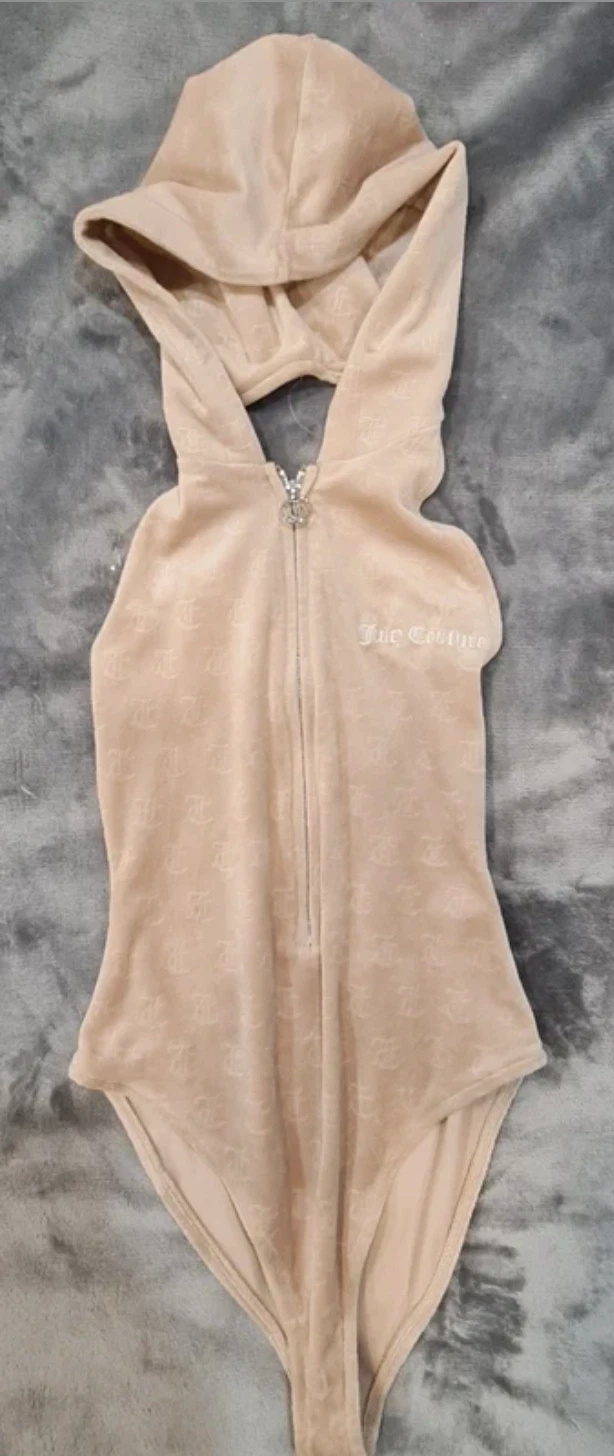 Juicy Couture Velour Hooded Bodysuit Beige Y2K Monogram Top UK 8