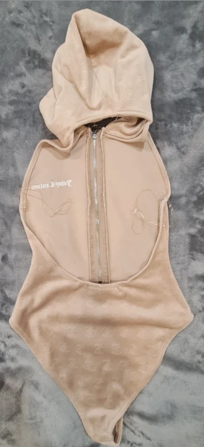 Juicy Couture Velour Hooded Bodysuit Beige Y2K Monogram Top UK 8 - Image 2