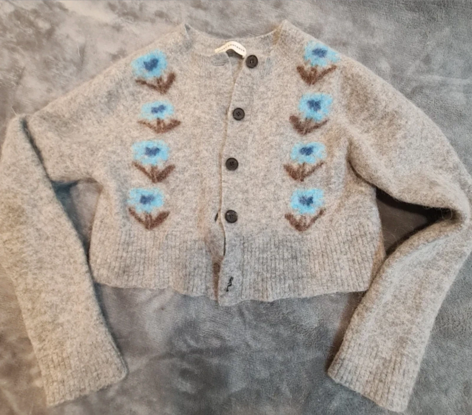 Short Sentence Women’s Grey Floral Knit Cardigan Cropped UK 8-10