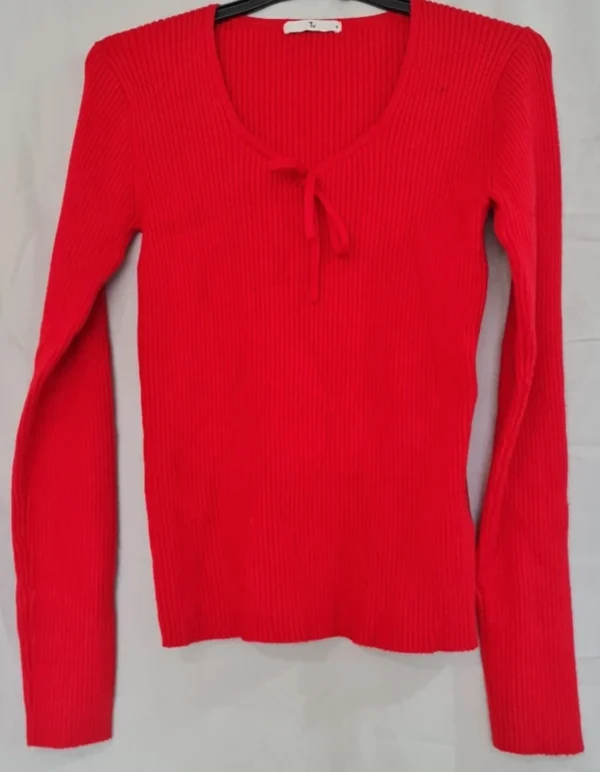 TU Women’s Red Ribbed Knit Top Tie Neck Long Sleeve S / UK 8-10