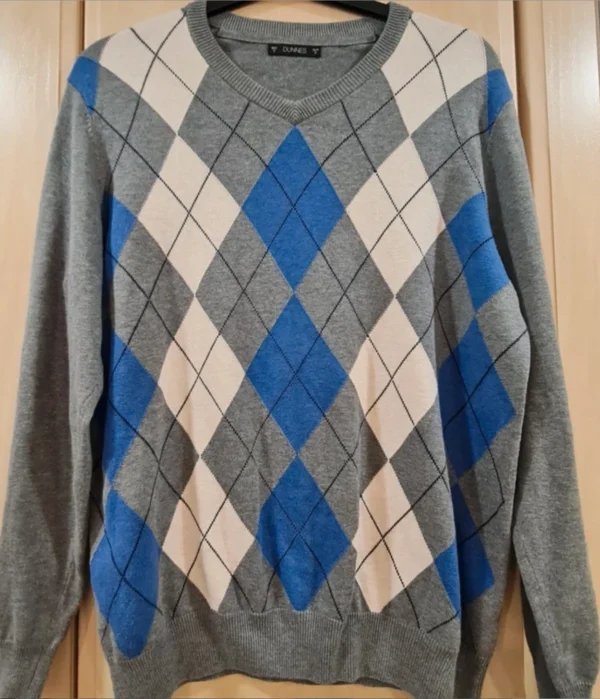 Dunnes Men’s Grey Blue Argyle Jumper V Neck Knit S