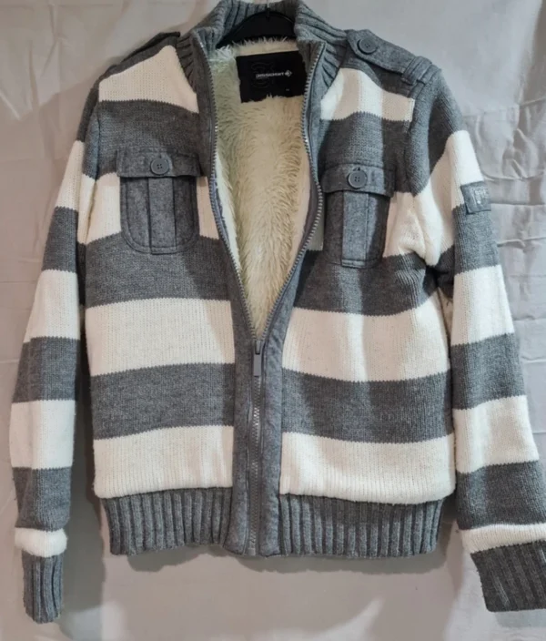 Dissident Women’s Grey White Knit Jacket Faux Fur Lined UK 12-14