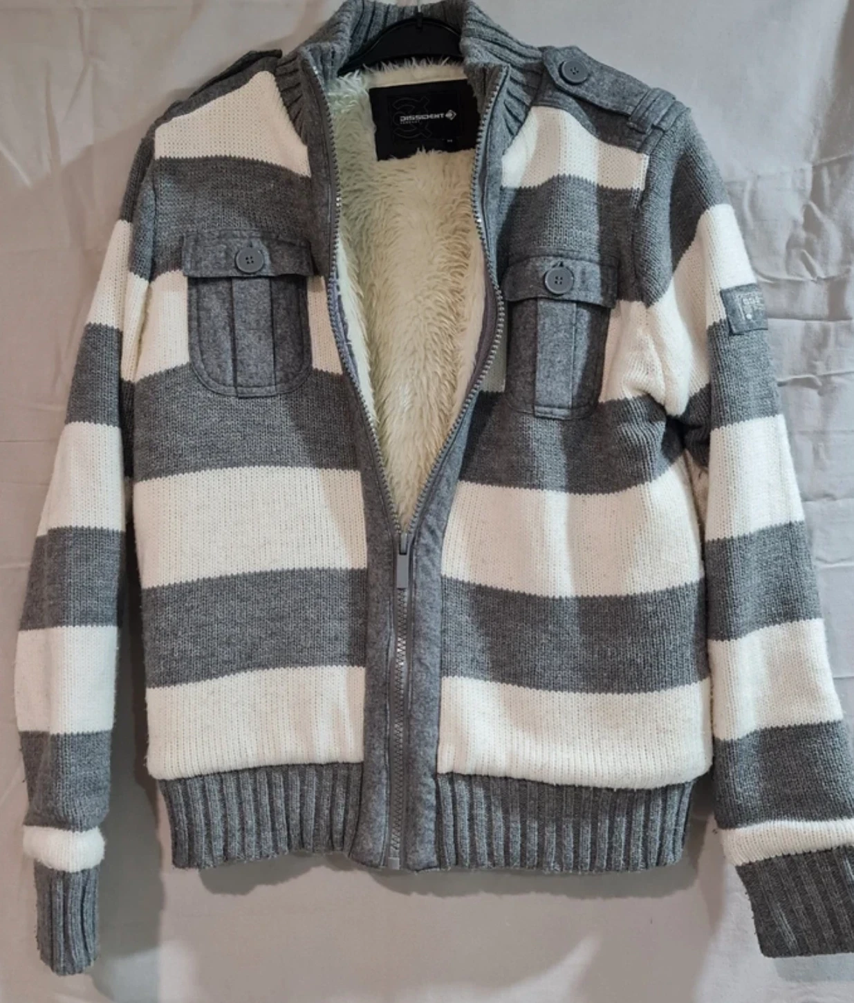 Dissident Women’s Grey White Knit Jacket Faux Fur Lined UK 12-14