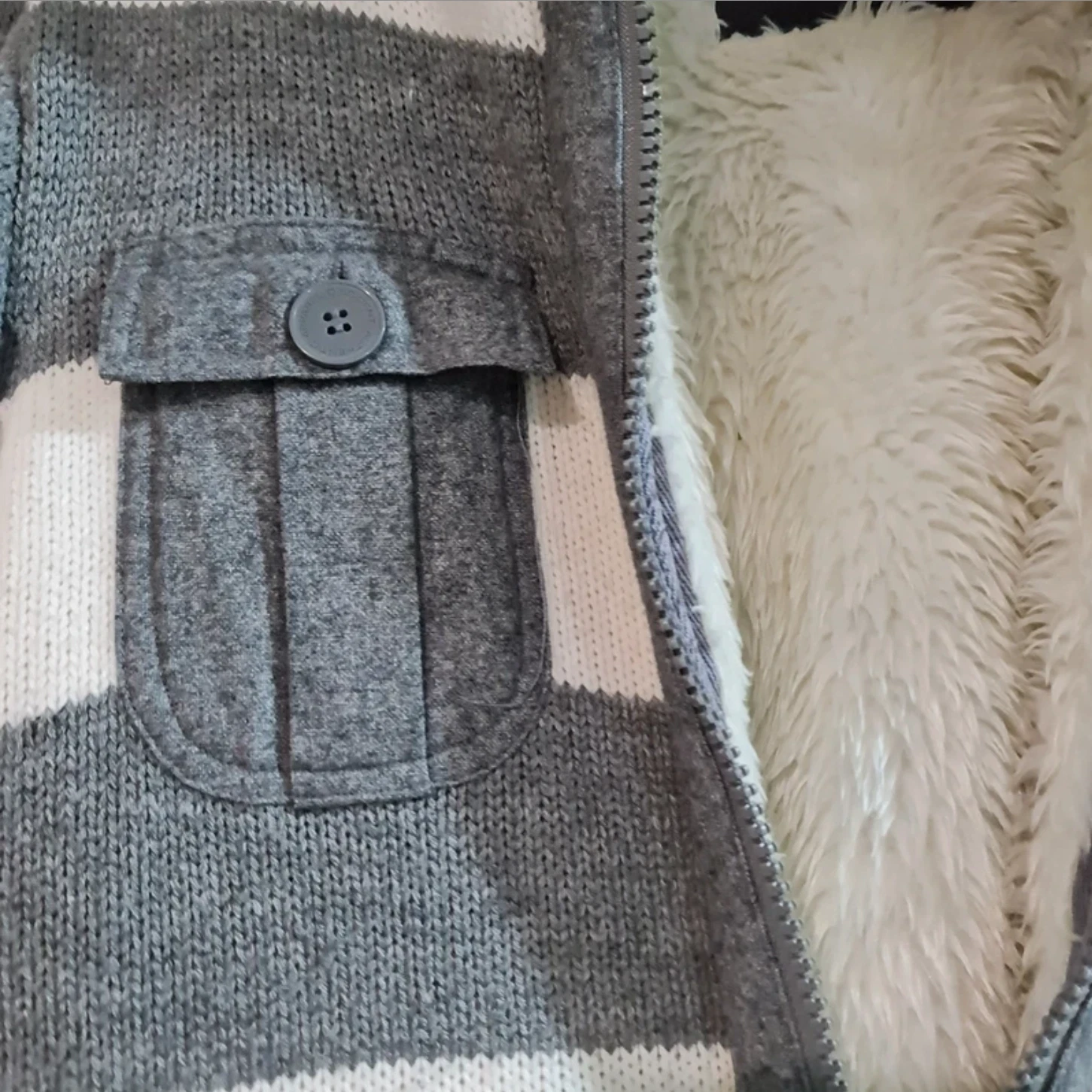 Dissident Women’s Grey White Knit Jacket Faux Fur Lined UK 12-14 - Image 2