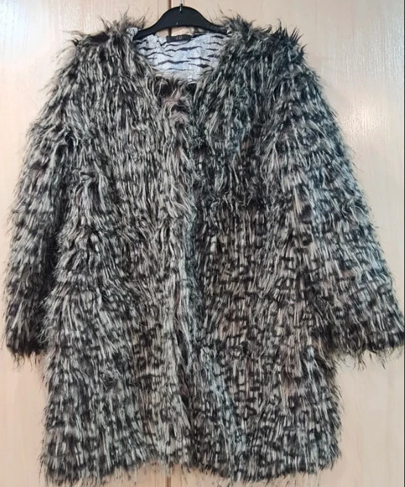 Indulgence Women’s Faux Fur Coat Grey Brown Shaggy UK 8-10