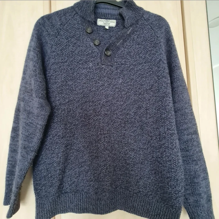 Next Men’s Navy Knit Jumper Button Neck Elbow Patches M