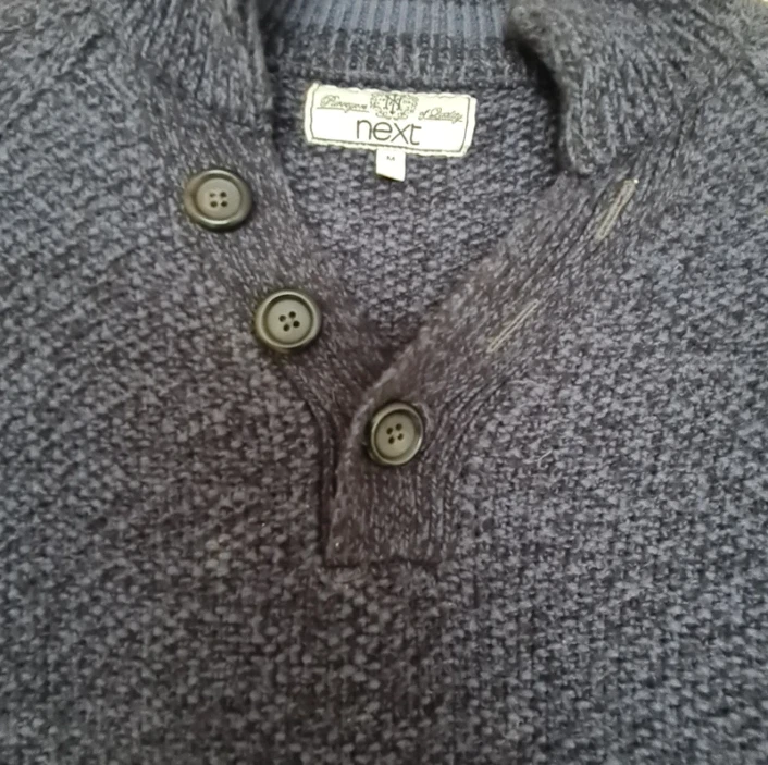 Next Men’s Navy Knit Jumper Button Neck Elbow Patches M - Image 2