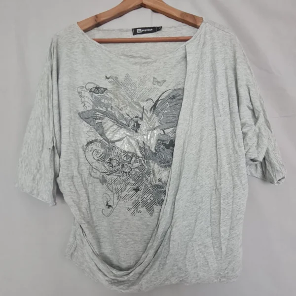 Monton Women’s Butterfly Print Layered Drape Top Grey M UK 12-14