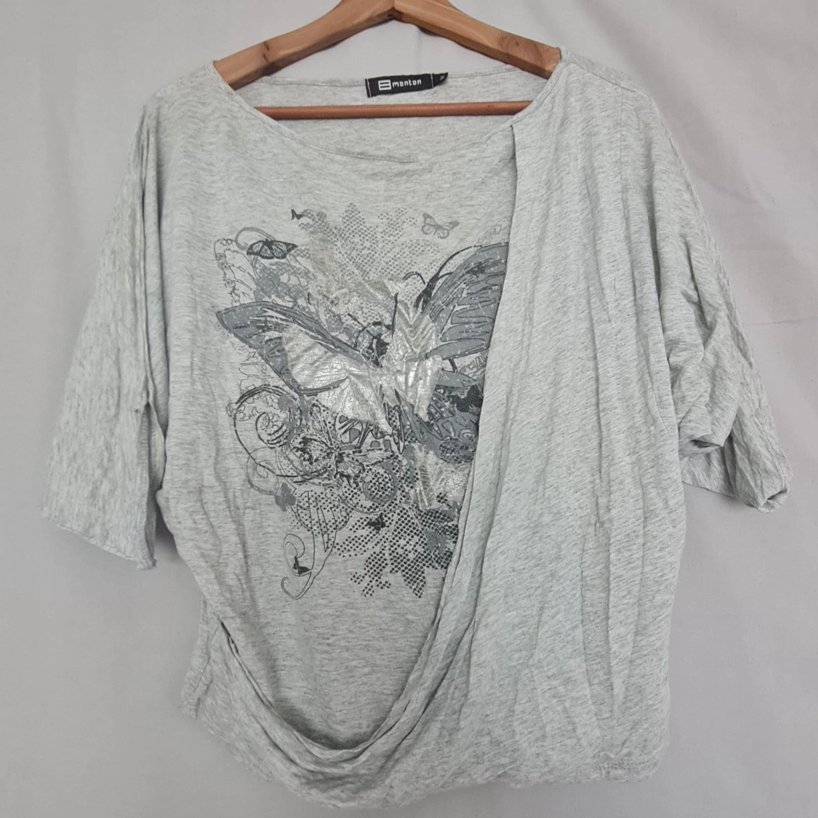 Monton Women’s Butterfly Print Layered Drape Top Grey M UK 12-14