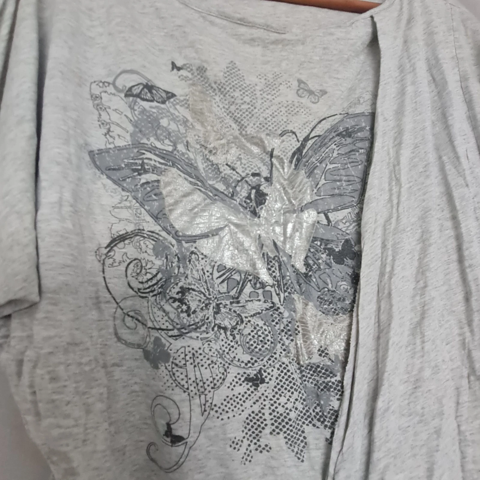 Monton Women’s Butterfly Print Layered Drape Top Grey M UK 12-14 - Image 2