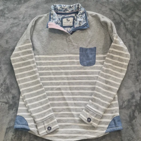 TU Women’s Striped Sweatshirt Grey Chambray Detail Top S UK 8-10
