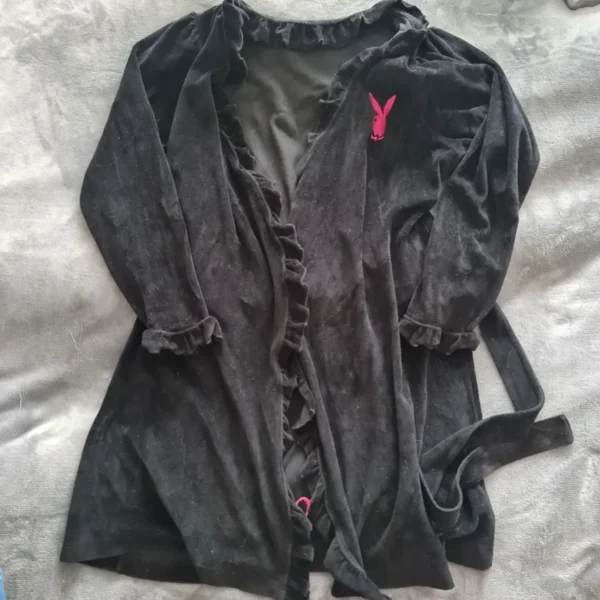 Playboy Women’s Velour Dressing Gown Black Pink Logo UK 12-14