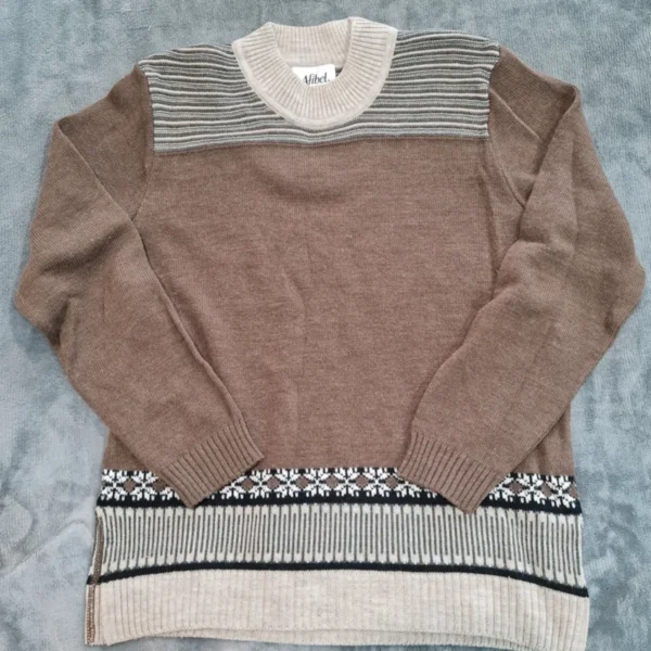 Afibel Women’s Knit Jumper Brown Pattern Crew Neck Cosy UK 16-18