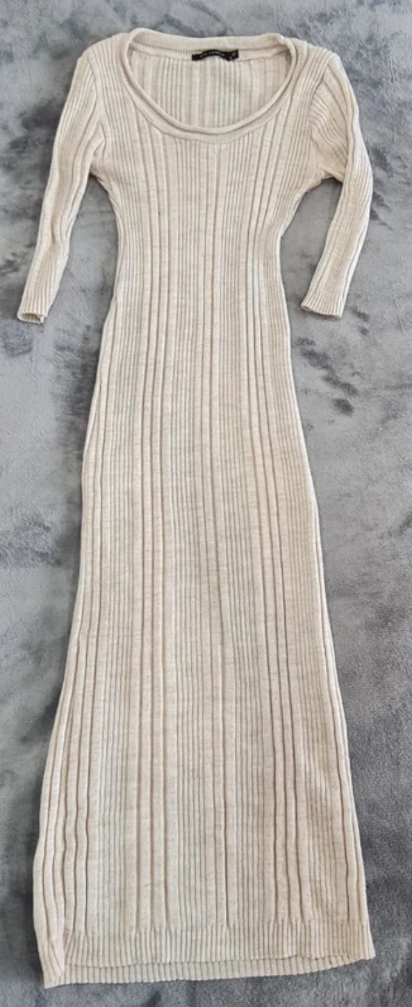 QED London Women’s Beige Ribbed Knit Midi Dress XS / UK 4-6