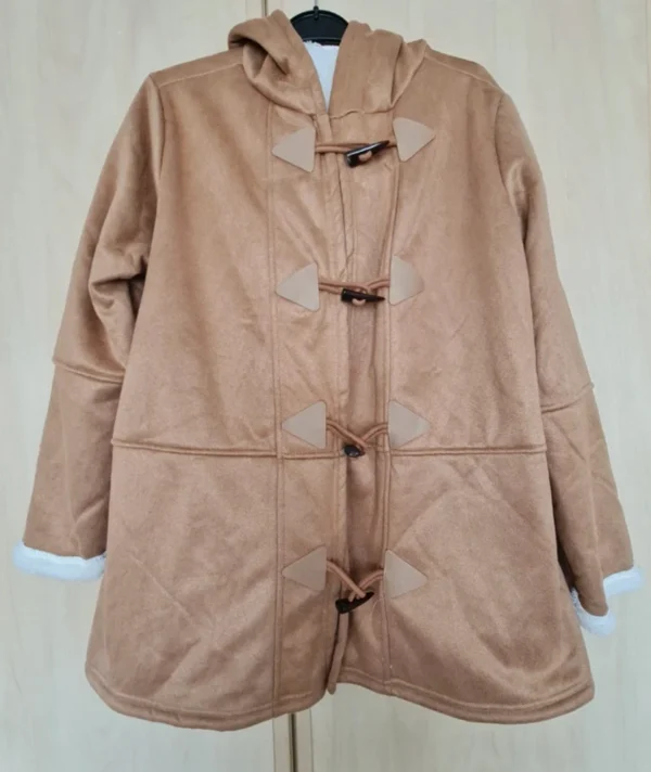 Women’s Beige Hooded Duffle Coat Faux Suede Toggle UK 16-18