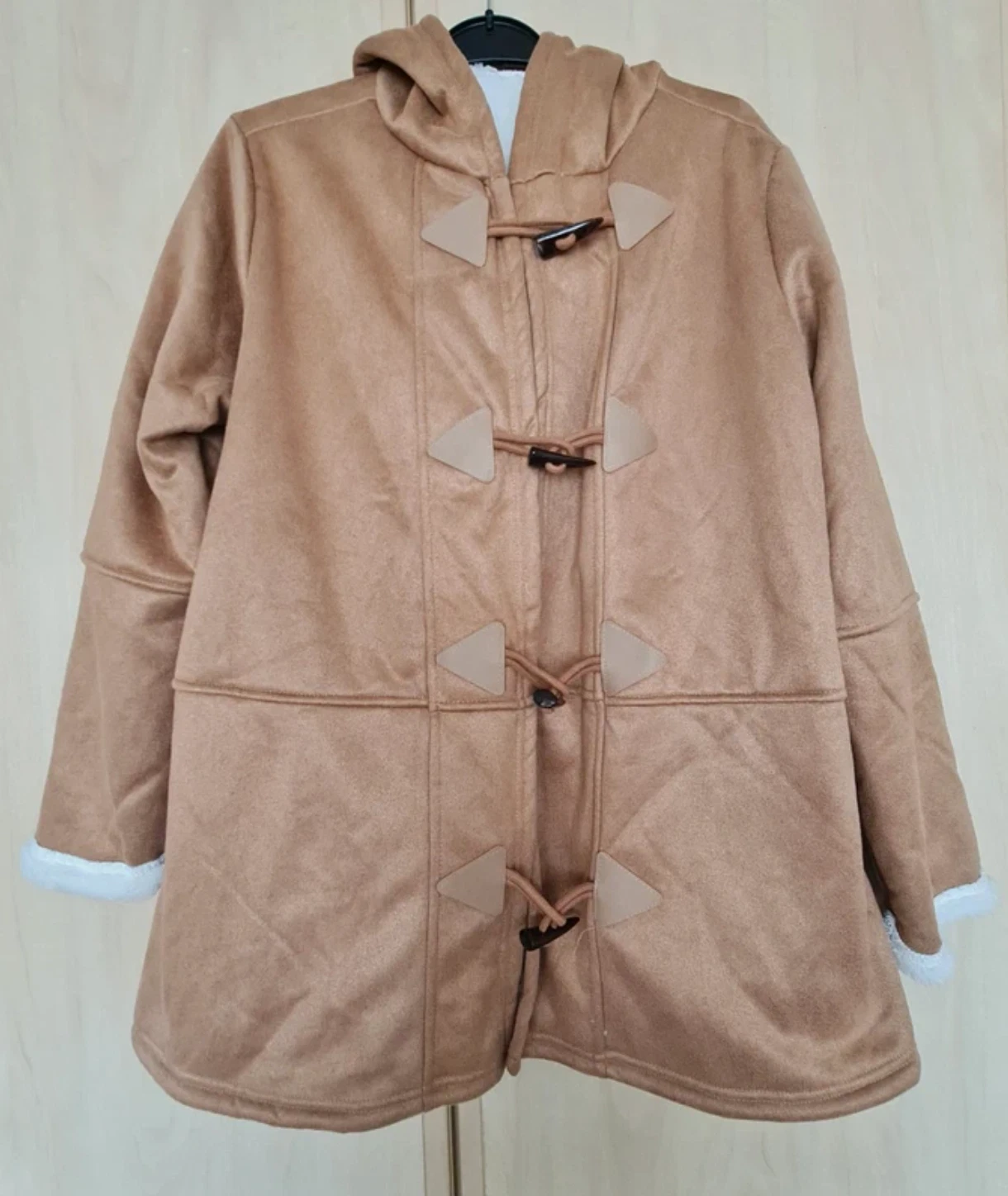 Women’s Beige Hooded Duffle Coat Faux Suede Toggle UK 16-18