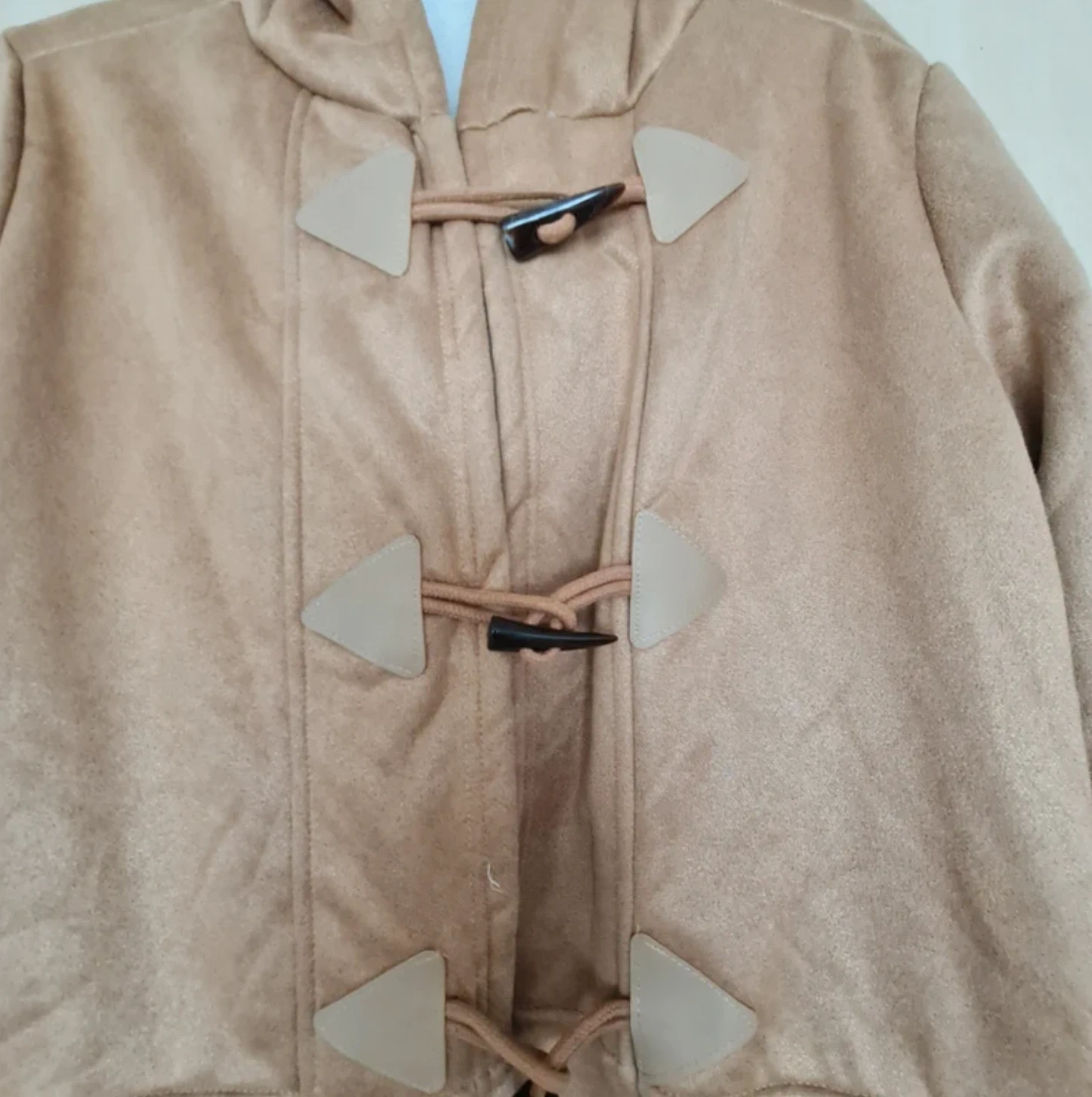 Women’s Beige Hooded Duffle Coat Faux Suede Toggle UK 16-18 - Image 3